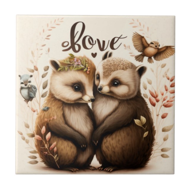  hedgehogs in love        tile (Front)