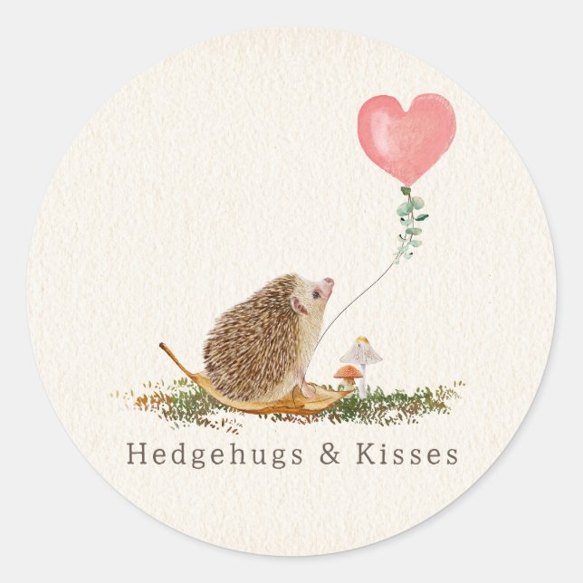 Hedgehugs & Kisses Hedgehog Pink Balloon Valentine Classic Round Sticker (Front)