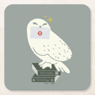 Hedwig With Letter Whimsical Drawing Square Paper Coaster