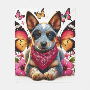 Heeler Puppy Surrounded by Butterflies and Flowers Fleece Blanket
