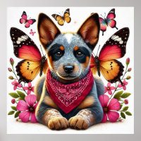 Heeler Puppy Surrounded by Butterflies and Flowers