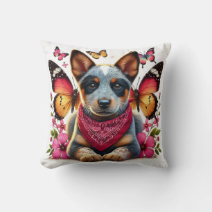Heeler Puppy Surrounded by Butterflies and Flowers Throw Pillow