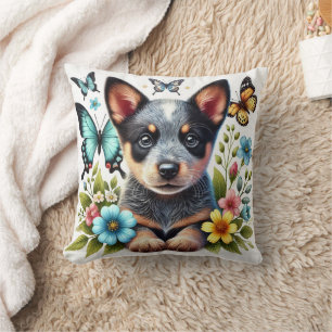Heeler Puppy with Butterflies and Flowers  Throw Pillow