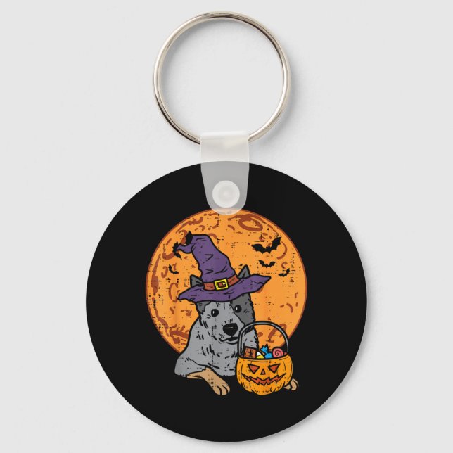 Heeler Witch Hat Moon Jack O Lantern Halloween Keychain (Front)