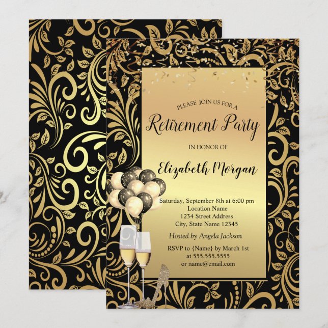 Heels,Balloons,Gold Swirls Retirement Party Invitation (Front/Back)