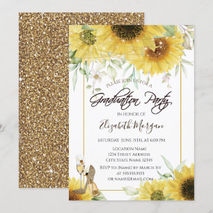Heels Sunflowers Gold Glitter Graduation Party Invitation