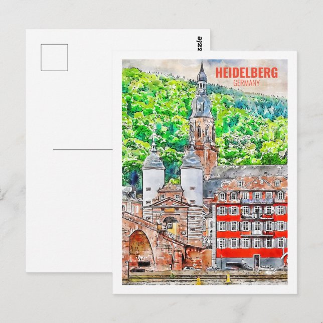 Heidelberg Germany Famous Travel Watercolor Sketch Postcard (Front/Back)