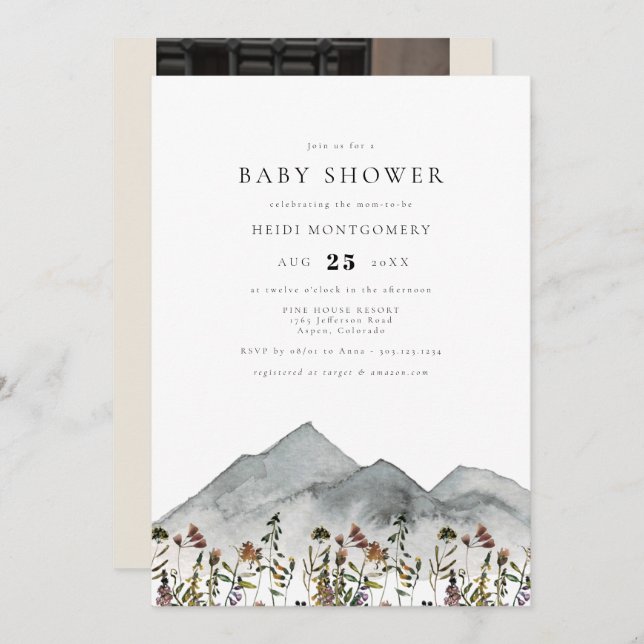 HEIDI Boho Watercolor Mountain Wildflower Baby Invitation (Front/Back)