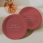 HEIDI Summer Red Boho Modern Simple Baby Shower Paper Plate<br><div class="desc">These summer red boho modern simple baby shower paper plates from the Heidi Collection are perfect for a simple baby shower. The strawberry red design features modern boho unadorned typography with a unique minimalist style.

Personalize your baby shower plates with the name of the mom-to-be and the shower date.</div>