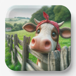 Heifer Cow Wearing a Red Kerchief Paper Plate