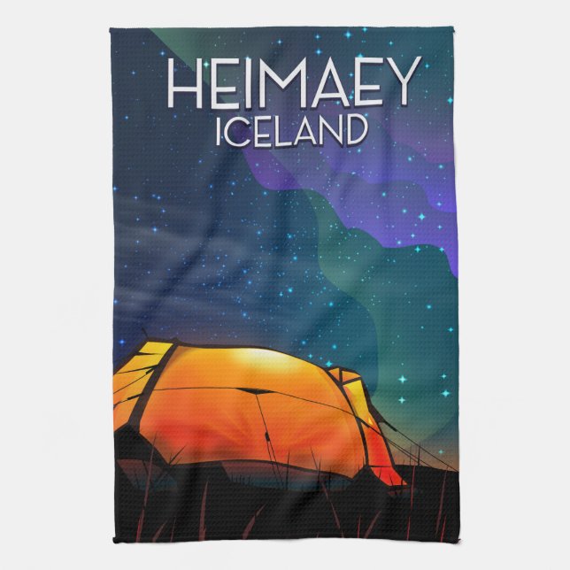 Heimaey, iceland, camping vacation poster. kitchen towel (Vertical)