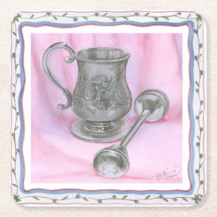 Heirloom Cup & Rattle on Purple Background Square Paper Coaster