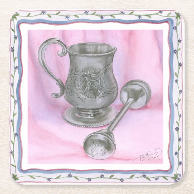 Heirloom Cup & Rattle on Purple Background Square Paper Coaster (Front)