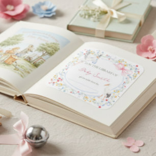 Heirloom Rose Bow and Stork Baby Shower Book Plate Square Sticker