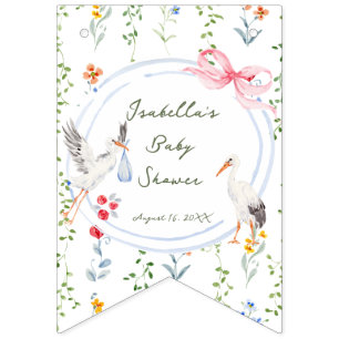Heirloom Rose Bow and Stork Baby Shower Bunting Flags