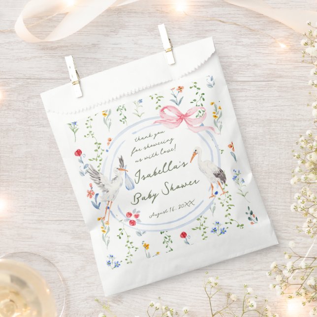 Heirloom Rose Bow and Stork Baby Shower  Favour Bag (Clipped)