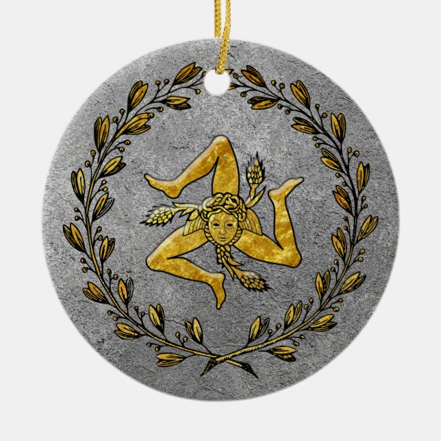 Heirloom Sicilian Trinacria Gold and Silver Ceramic Ornament (Front)