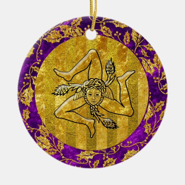 Heirloom Sicilian Trinacria Gold Purple Ceramic Ornament (Front)