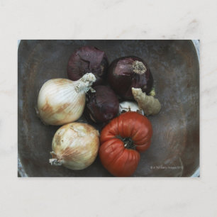 Heirloom tomato, yellow onion, red onion, ginger postcard