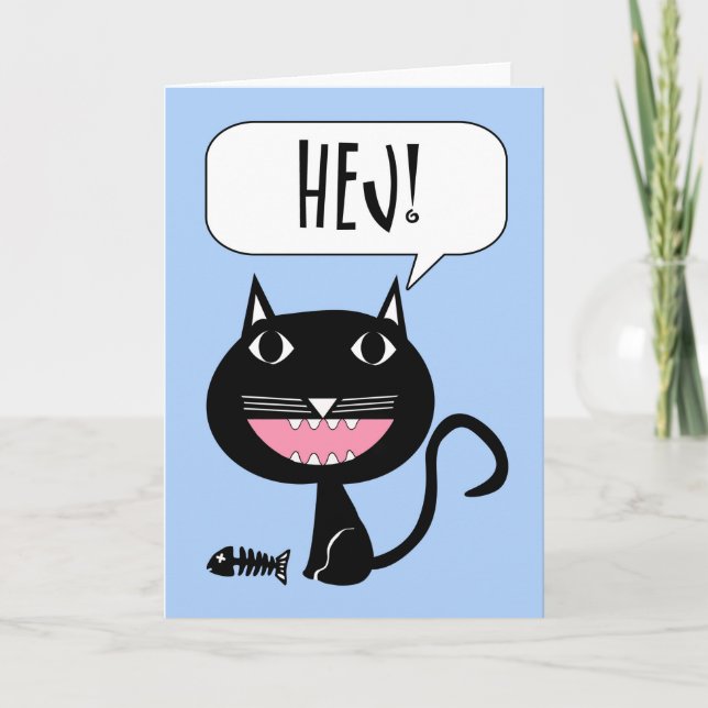 Hej ! Carte Hello en suédois, Chat noir avec poiss (Devant)