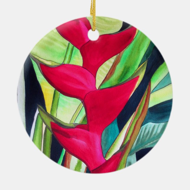 Heliconia Lobster Claw tropical watercolour flower Ceramic Ornament (Back)
