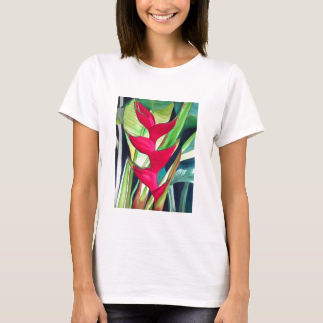 Heliconia Lobster Claw tropical watercolour flower T-Shirt (Front)