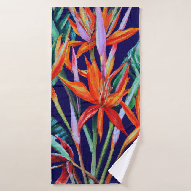 Heliconia on blue Tropical Bath Towel Set (Bath Towel)