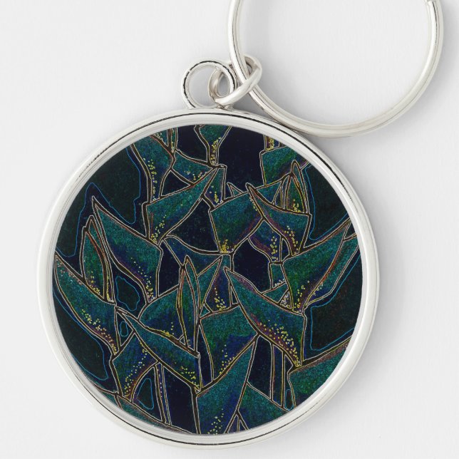 Heliconia Rostrata, tropical flowers, black & teal Keychain (Front)