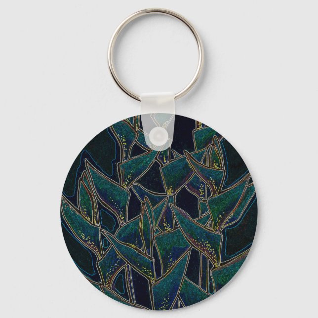Heliconia Rostrata, tropical flowers, black & teal Keychain (Front)