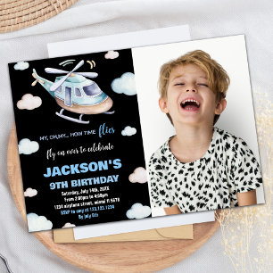 Helicopter Birthday Invitations Grey Black w Photo