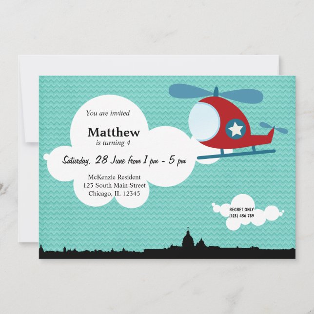 Helicopter Birthday theme (Blue) Invitation (Front)