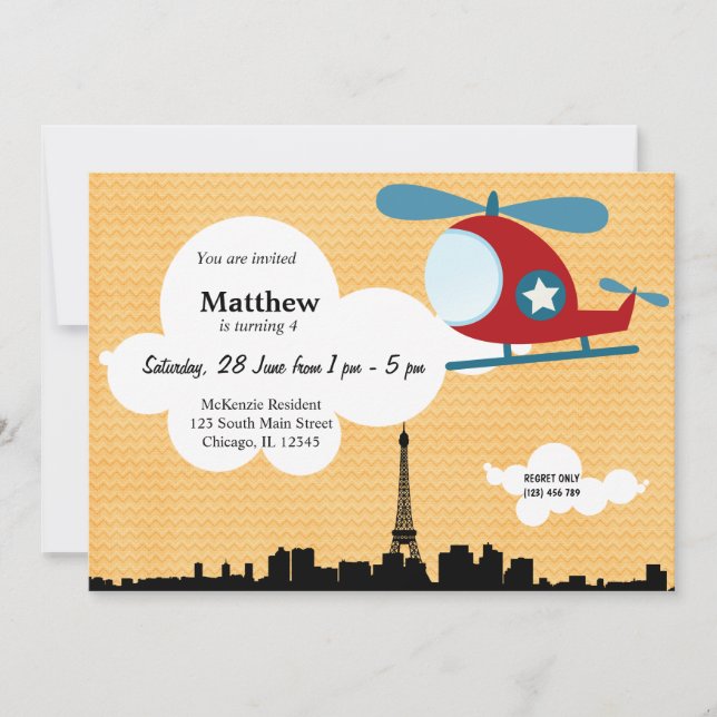 Helicopter Birthday theme (Orange) Invitation (Front)