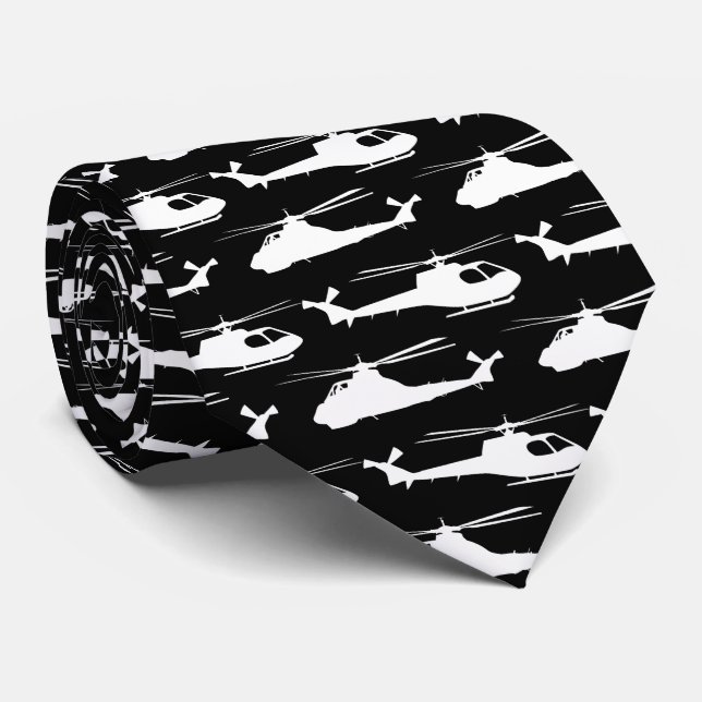 Helicopter Black and White Aviation Patterned Tie (Rolled)
