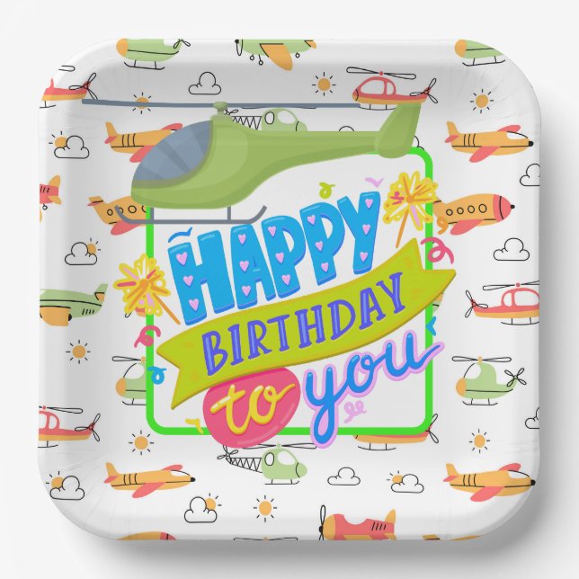 Helicopter Happy Birthday Paper Plate (Front)