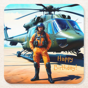 Helicopter Pilot Birthday Square Paper Coaster
