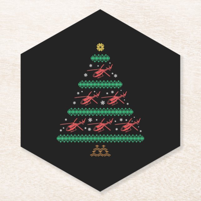 Helicopter Ugly Christmas Pilot Xmas Tree Gift Paper Coaster (Front)