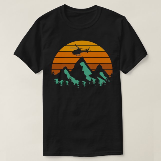 Helicopter Vintage Mountains Heli Pilot Sunset T-Shirt (Design Front)