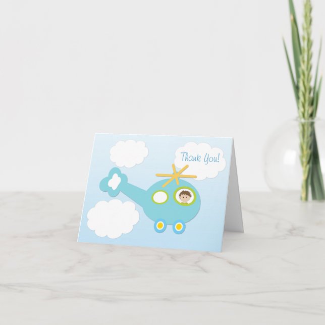 Hélicoptère, Nuages, Merci de Baby shower garçon (Devant)
