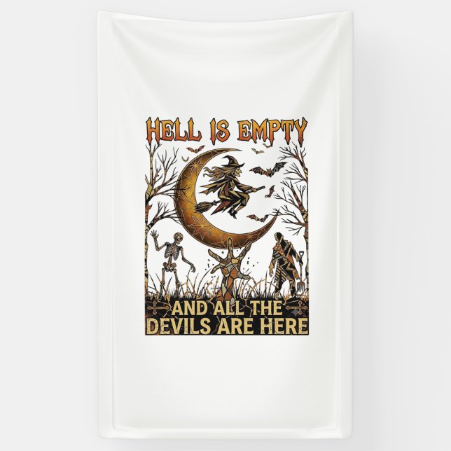 Hell Is Empty Halloween Witch Crescent Moon Skelet Banner (Vertical)