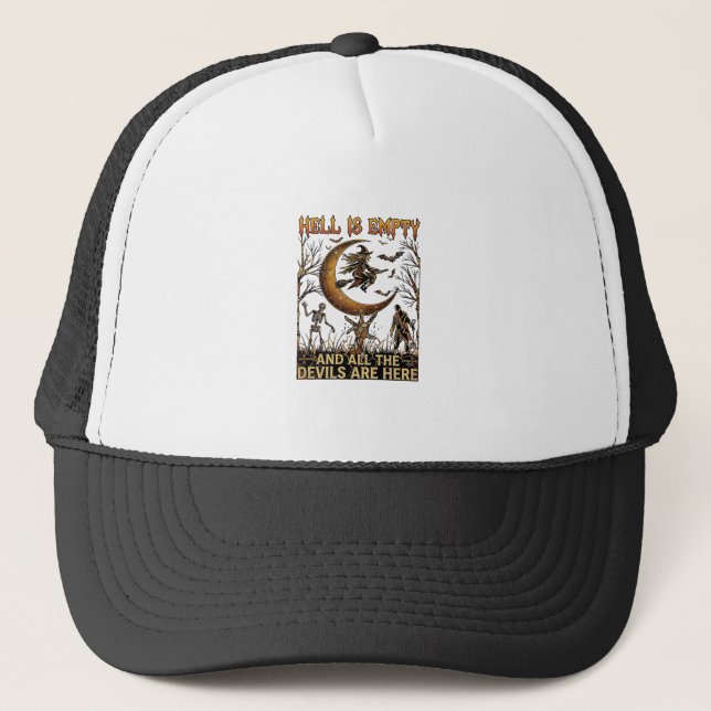 Hell Is Empty Halloween Witch Crescent Moon Skelet Trucker Hat (Front)