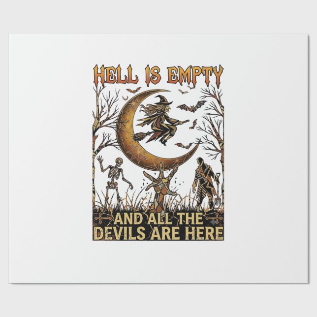Hell Is Empty Halloween Witch Crescent Moon Skelet Wrapping Paper (Flat)