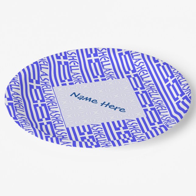 Hellas and Greek Flag Tiled Blue Personalization  Paper Plate (Angled)