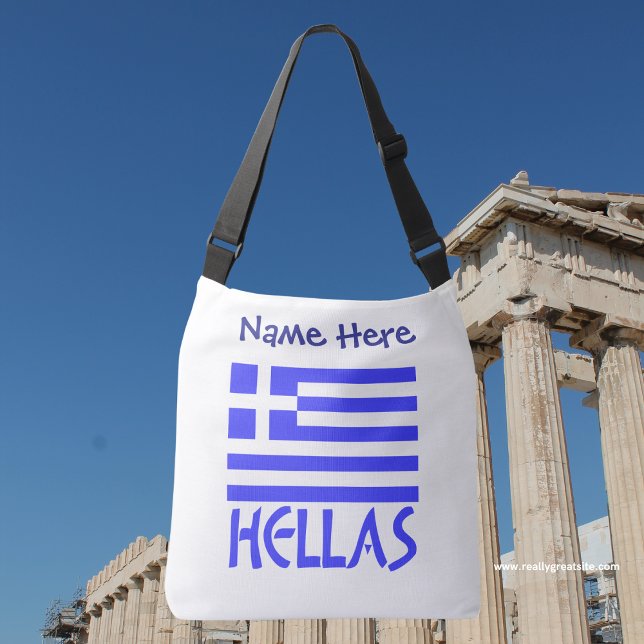Hellas Greek Flag Blue Personalization  Crossbody Bag (Personalized crossbody bag has Greek flag and word HELLAS below in blue letters. Add a name above.)