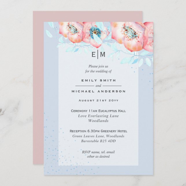 Hellebore Blue Dusty Rose de mariage Invitation de (Devant / Derrière)