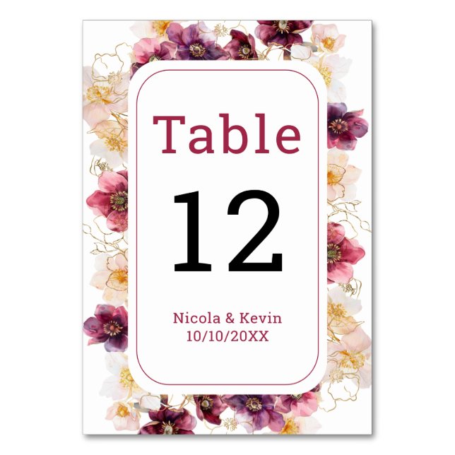 Hellebore Floral Burgundy Wedding Table Number (Front)