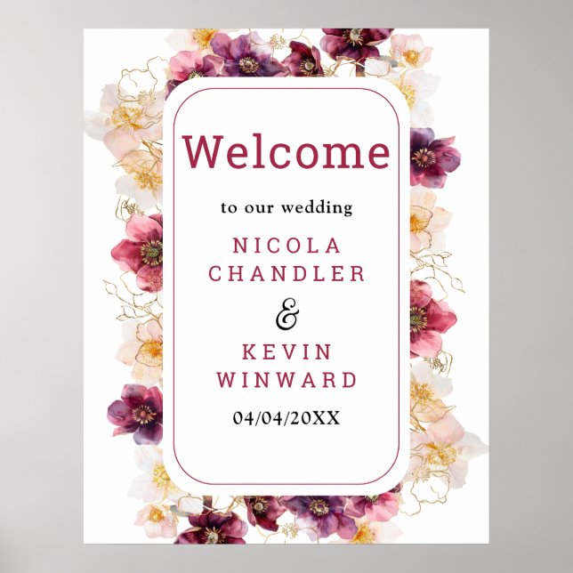 Hellebore Floral Burgundy Wedding Welcome Sign (Front)