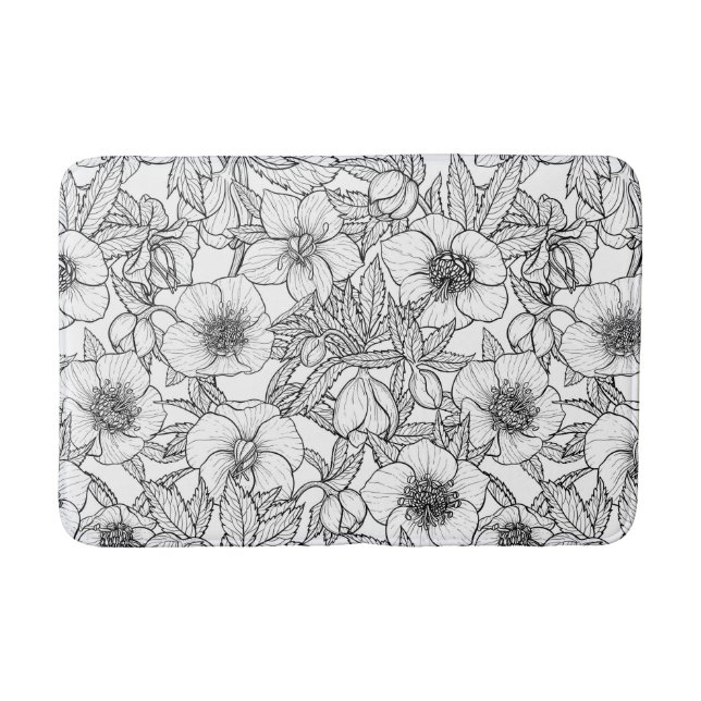 Hellebores in black and white bath mat (Front)