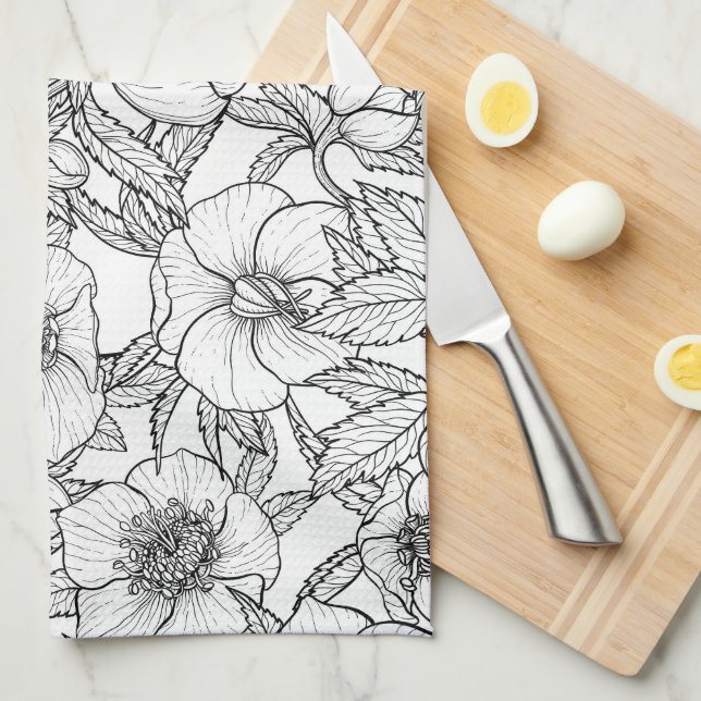 Hellebores in black and white kitchen towel (Quarter Fold)