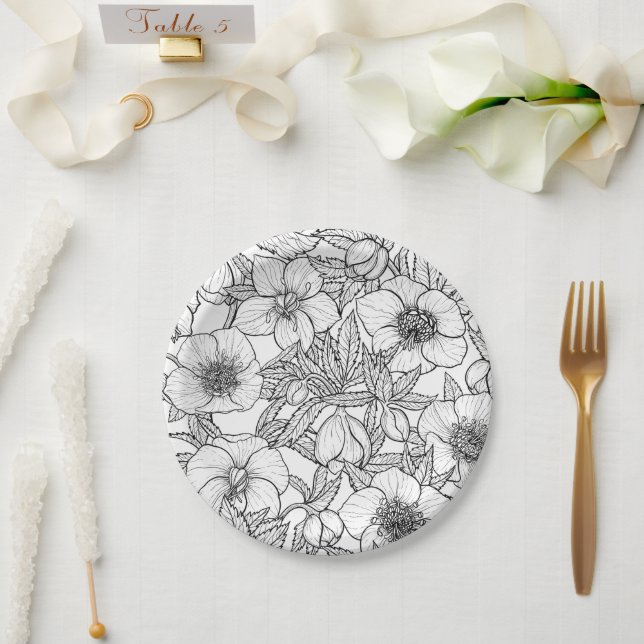 Hellebores in black and white paper plate (Wedding)