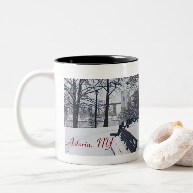 Hellgate Bridge, Astoria, NY Two-Tone Coffee Mug (With Donut)